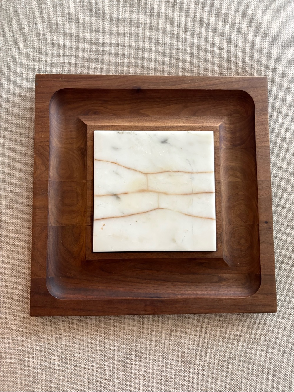 Vintage Wood & Marble Tray Trivet 12x12 Mid Century Modern Serving Board